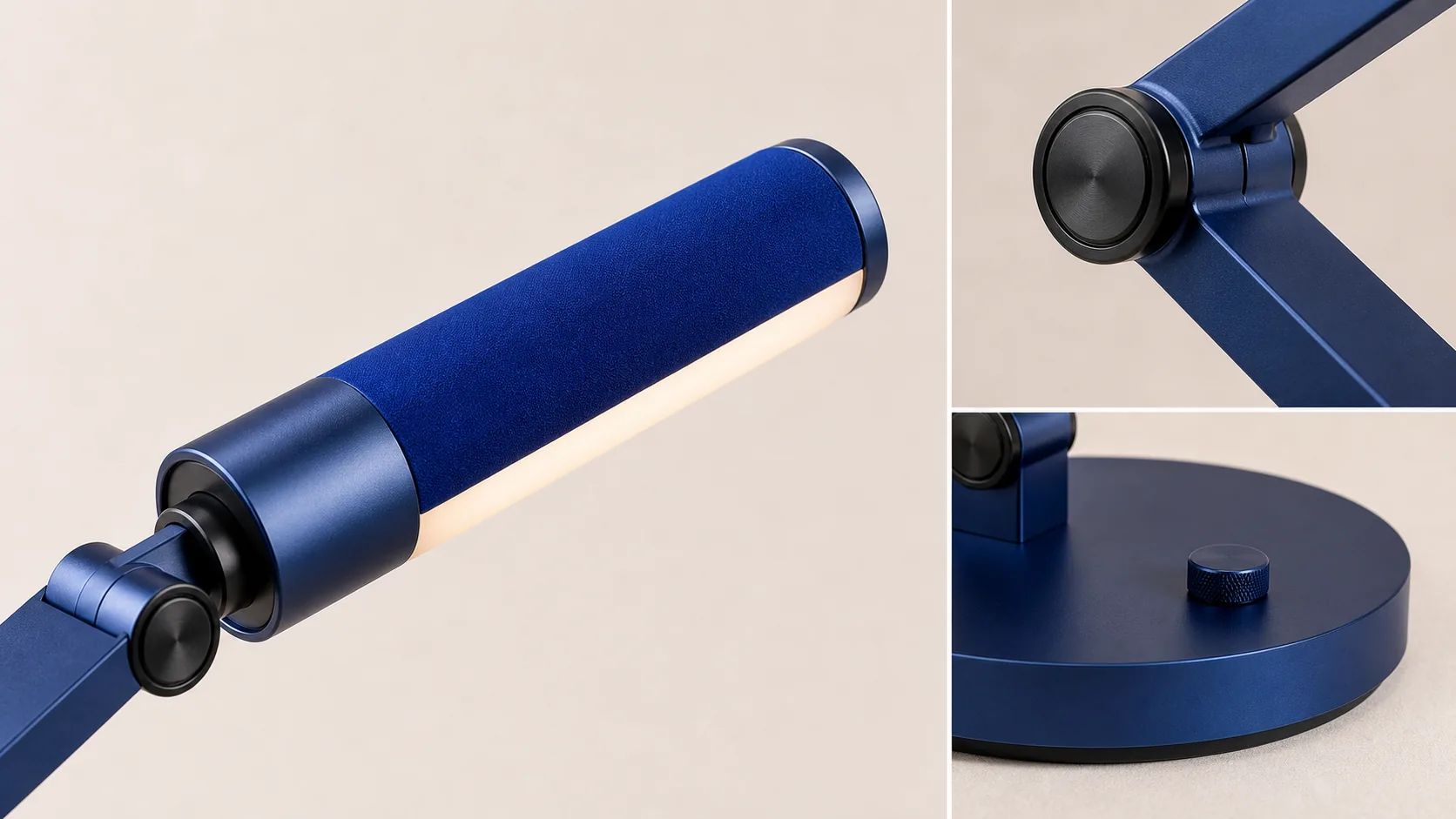 Close-up concept visualization of the lamp head, cylindrical joint, and base control