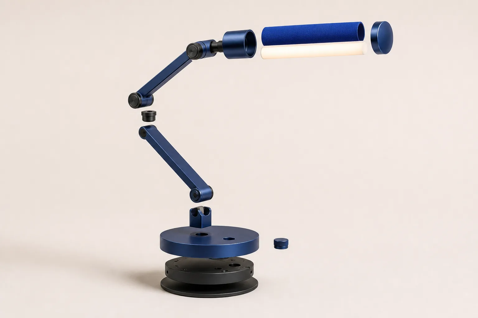 Exploded conceptual illustration of lamp head, arms, joints, base shell, and power module