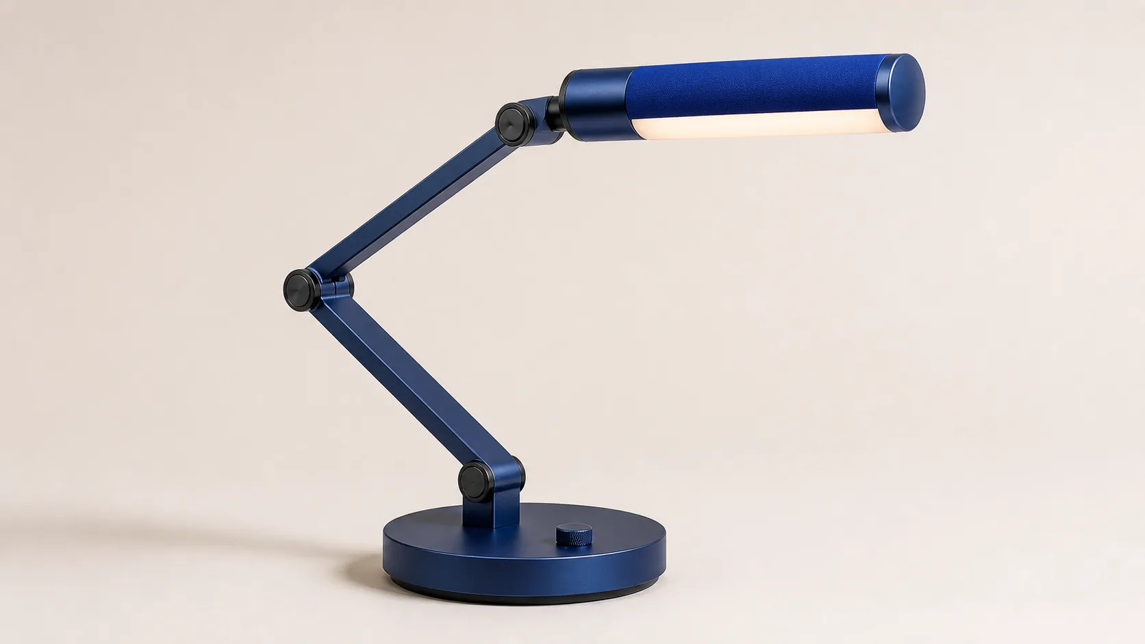 Final modular desk lamp concept with circular base, two articulated arms, and capsule light head