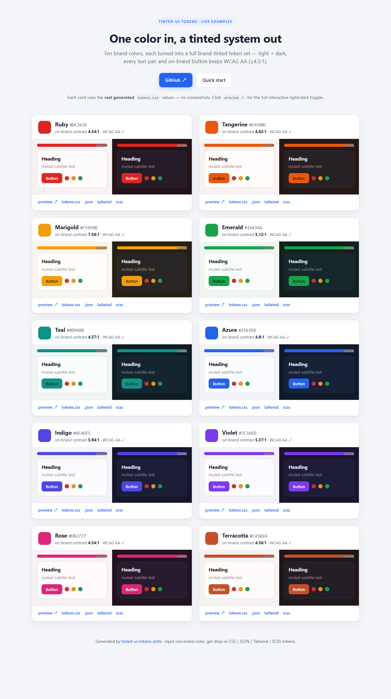 Live gallery — 10 brand colors across the full hue wheel, light + dark themes